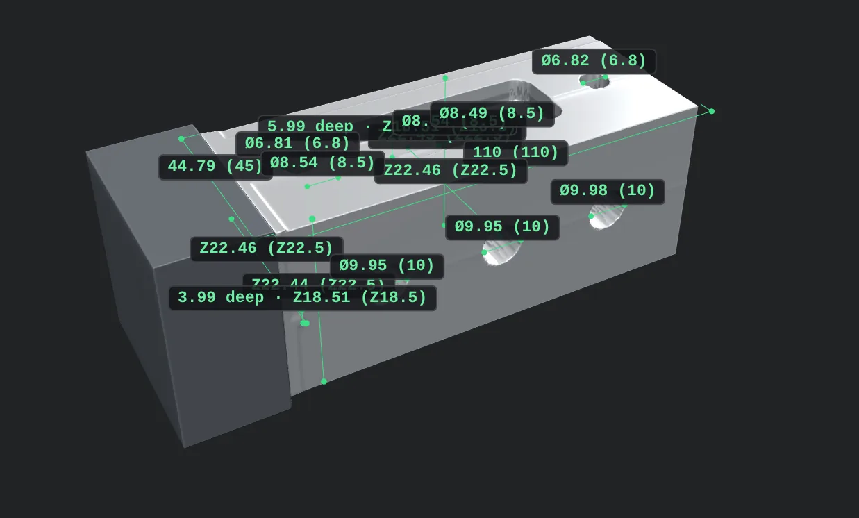 Simulated part with hole diameters, depths and lengths measured against the drawing
